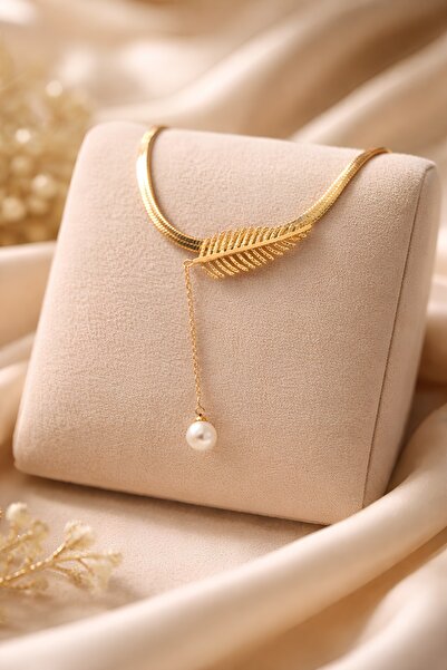 Lina Tia Kadın Çelik Altın Kaplama İtalyan Zincirli Yaprak Figürlü Top İnci S...