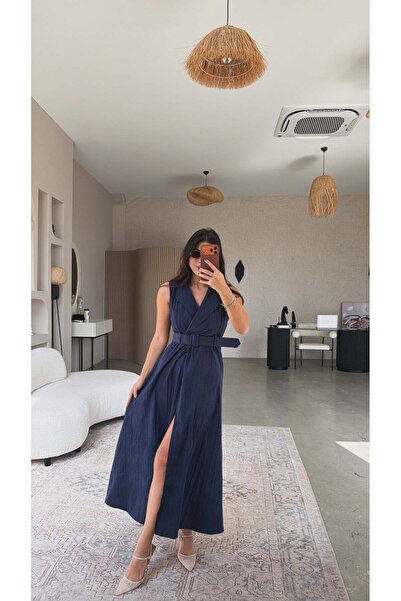 Buket Teke Rochie din Tensel petrecut bleumarin, cu guler, pachet de curea