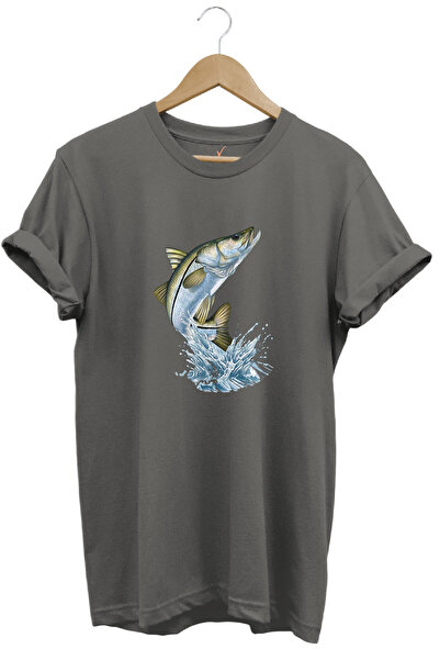 WİDİ Unisex Fishing Printed Sea Bass Basic Regular Fit T-Shirt