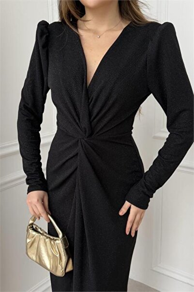 Neşeli Butik γυναικείο μαύρο φόρεμα με λαιμόκοψη σε σχήμα V ντραπέ άνοιγμα ασ...