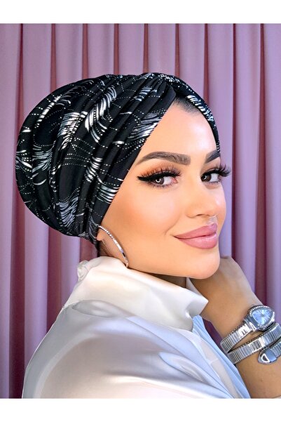 Moda Nurhan Gümüş dolgulu varaklı drape abiye bone