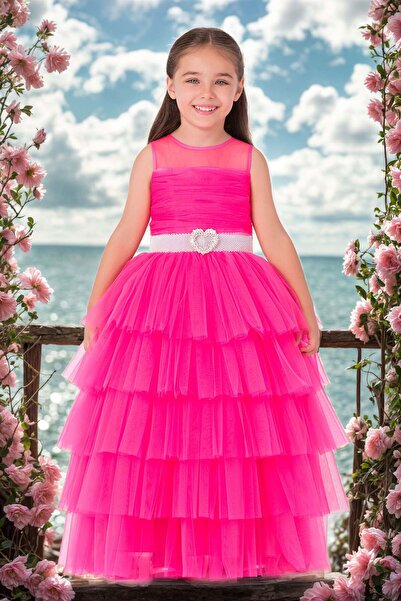 Pamina Girl's Maxi Tulle Birthday - Party Dress 3-7 Years 35060Pr-Fuchsia