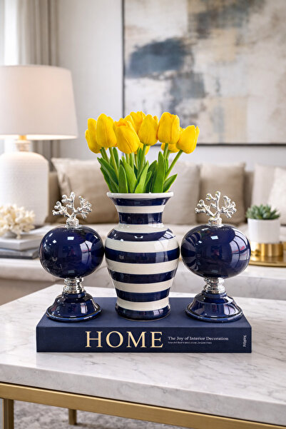 daiza home Salon Akseuarı Dekoratif 2 li Küre Lacivert Feri Vazo Lacivert Zeb...