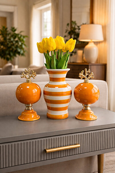 daiza home Salon Akseuarı Dekoratif 2 li Küre Soft Sarı Feri Vazo Soft Sarı Z...