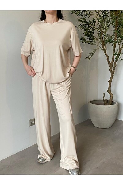 Bade Butik Μπεζ Με πιέτες Μοντάλ Σετ μπλουζάκια