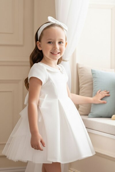 Pamina فستان عيد ميلاد للفتيات الصغيرات تفاصيل فيونكة مع ربطة شعر - فستان حفل...