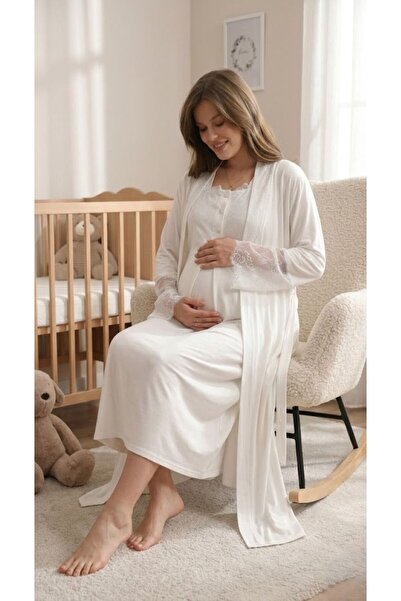 PREGNANT WORLD Yeni Sezon Ekru Şal Yaka Dantelli Yazlık %100 Pamuk Tam Boy Ha...