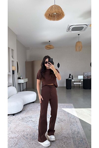 Buket Teke Brown Short Sleeve Corded Fabric Set