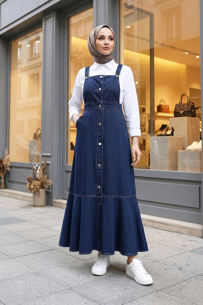 MODAQU Buttoned Pocketed Skirt Ruffled Denim Gilet - Navy Blue