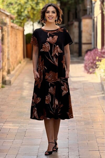 Nevin Kaya Moda Μαύρο καφέ φόρεμα Tulip Με σχέδιο