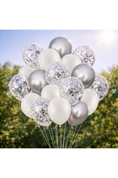 OEM Baloane de Petrecere de Nunta Ecru Bej Argintii cu Confetti 30cm - 18buc