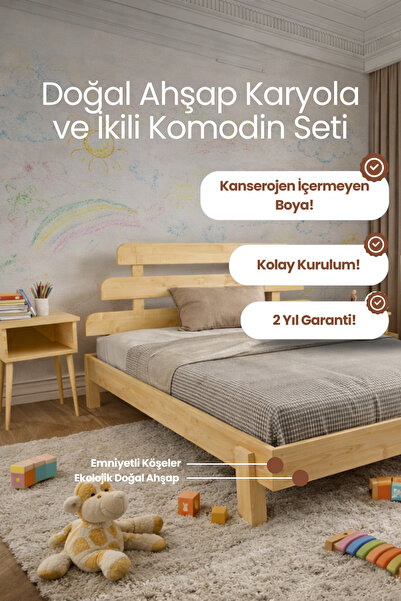 RENAZZO Lotus X New Model Masif Çam Karyola Ve 2 Adet Komodin Seti - Modern Y...