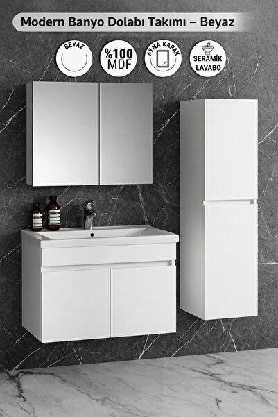 TEKNOMOVA Modern Beyaz Banyo Dolabı Takımı – %100 MDF, Seramik Lavabo, Aynalı...