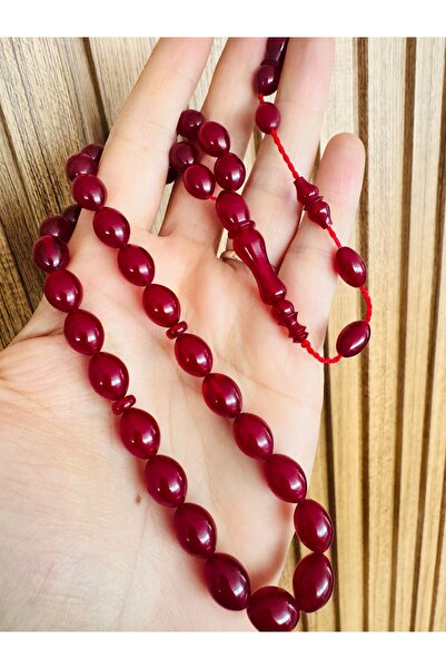 Tesbihas Atölyesi Crimped Amber Rosary Set with System, Cherry Color, Barley ...