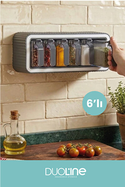 DUO LİNE HAUSEHOLD UTENSİLS 6-Piece Spice Jar Set with Stand, Self-Adhesive L...
