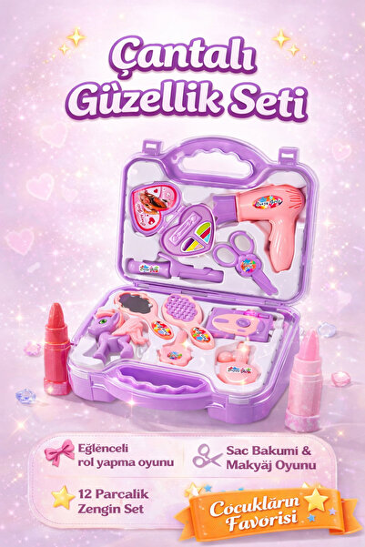 DENAPCAL Kız Çocuk Çantalı Güzellik Seti Oyuncak Makyaj Seti 12 Parça Rol Yap...