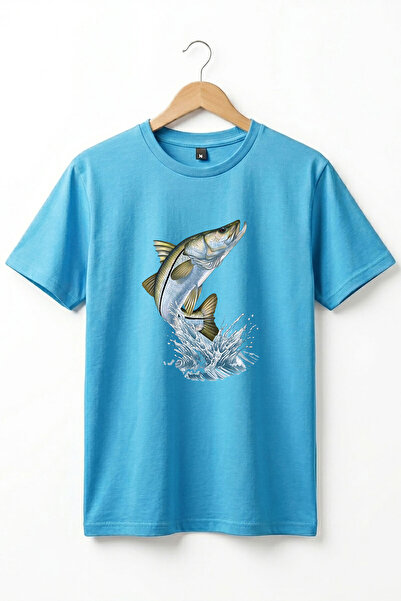 WİDİ Unisex Fishing Printed Sea Bass Basic Regular Fit T-Shirt