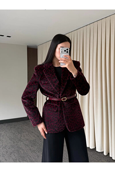 Laluvia Burgundy Leopard Jacket, Pack of Belt - 9614