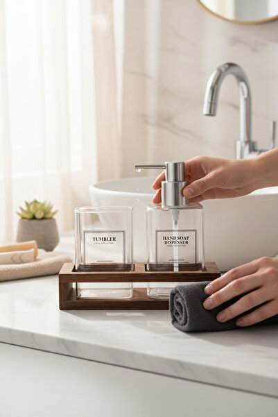 Akayev 2-Compartment Acacia Stand Glass Soap Dispenser and Toothbrush Holder Set