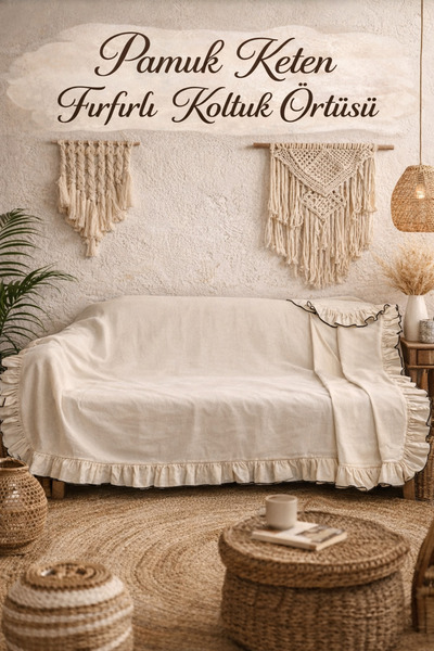 SADEN HOME PAMUK KETEN FIRFIRLI KOLTUK ÖRTÜSÜ 180X220 CM (SİYAH BİYELİ)