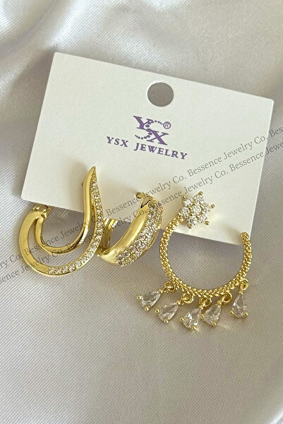 Genel Markalar YSX 14K Gold VIP 3lü Işıltılı Karma Zirkon Taşlı Çelik Küpe