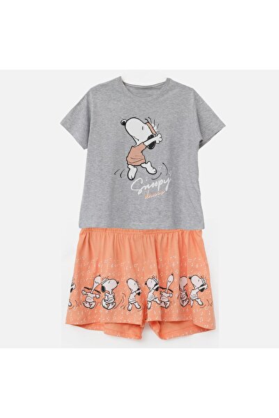 OEM Women's Salmon Gray Snoopy Short Sleeve Pajama Set Small-Medium
