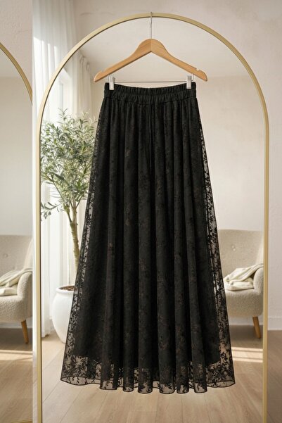 RosePearl Kadın Siyah Renk Flok Baskı Astarlı Etek