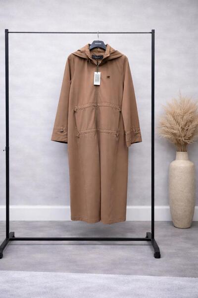 Ceremony Kapüşonlu Beli Büzgülü Uzun Trençkot – Vizon Renk Mevsimlik Şık Kap