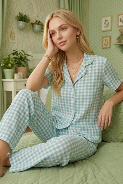 FİT WOMEN Kare Patterned Short-Sleeved Pajama Set 6065