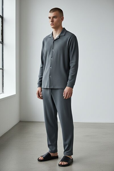 Altamira Men's Smoked Striped Oversized Shirt-Pants Set