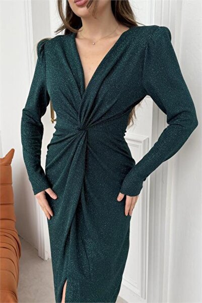 Neşeli Butik γυναικείο πράσινο φόρεμα μίντι premium Κρουαζέ Με σούρες Με γκλί...