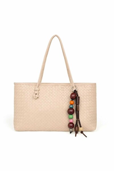 ELAY Women's Knitted Patterned Tote Zippered Daily Bag Shoulder Bag Cream Color