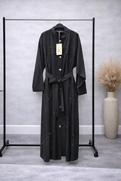 Ceremony Kemerli Uzun Kap – Düğme Detaylı Modern Tasarım Siyah