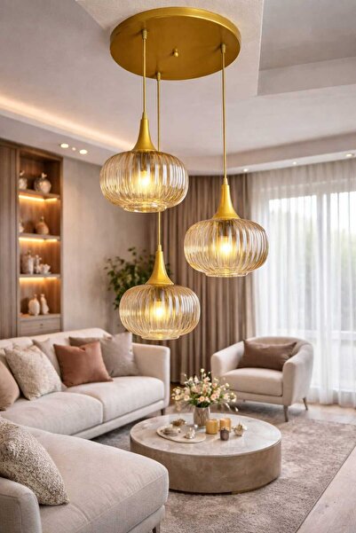 Ömür Avize pare 3lü eskitme gold kasa sarkıt avize