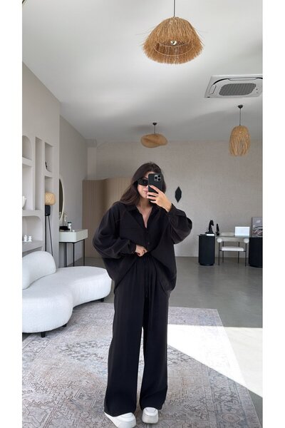 Buket Teke Set cămașă și pantaloni negru din Tensel lejer