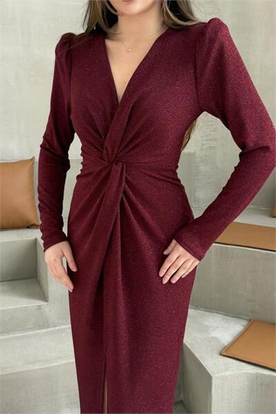 Neşeli Butik γυναικείο μπορντό φόρεμα Κρουαζέ Με σούρες Με γκλίτερ premium mi...