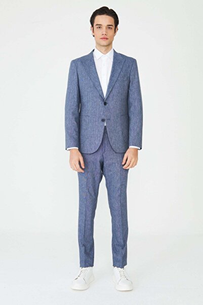 White Stone Blue Textured Summer Modern Slim Fit Suit