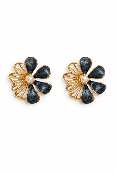 Angelovia Navy Blue Stone Pearl Detailed Flower Earrings