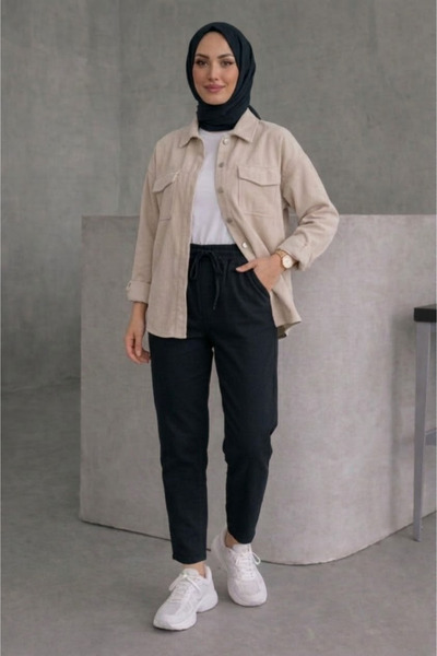 Tesettür Diyarı Γυναικείο λινό παντελόνι με ελαστική μέση - Μαύρο