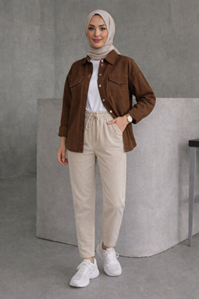 Tesettür Diyarı Γυναικείο λινό παντελόνι με ελαστική μέση - Μπεζ