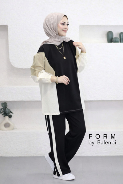 Balenbi Oversized Pair Garni Detailed Striped Modal Hijab Women's Suit 1198 -...