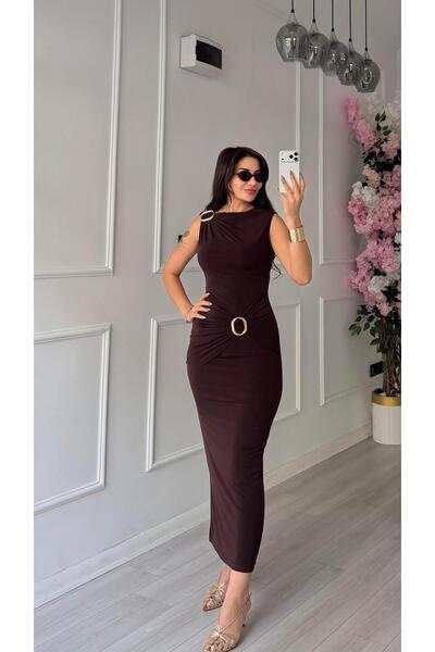 Daves فستان أكي بيروني ذهبي مزدوج بإبزيم مع تفاصيل درابيه مرن