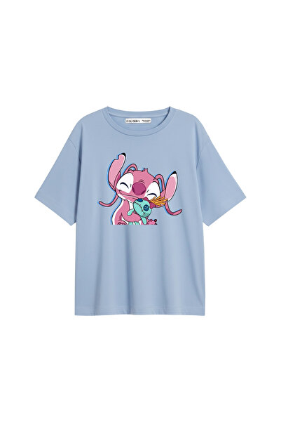 Bak Moda Angel Stitch Printed Relaxed Fit Baby Blue Women's Tshirt