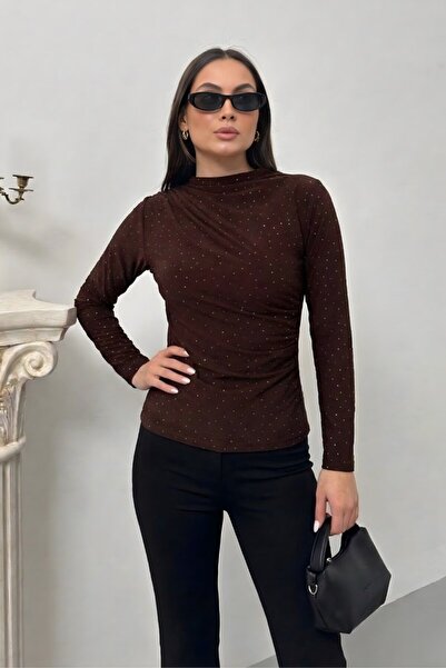 spirituel Women's Blouse Stoned Draped Long Sleeve Sandy Fabric Short Stylish...