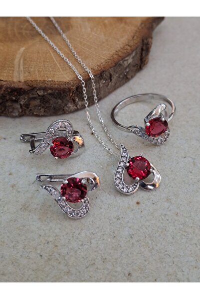 Süryani gümüş sanatı Yakut taşlı 925 ayar gümüş set