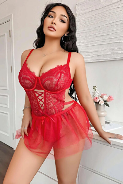 MySire Büyük Beden Kırmızı Dantel Fantazi Gecelik, Tül Etek Detaylı Seksi İç Giyim