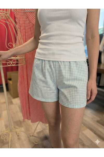 Hope Turkuaz Pötikare Kadın Mini Şort (%100 pamuk)