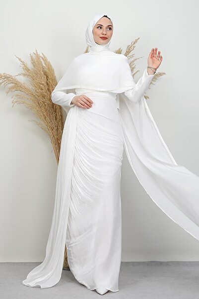 GİYZAMİLA İncili Fular Yoryo Abiye Beyaz