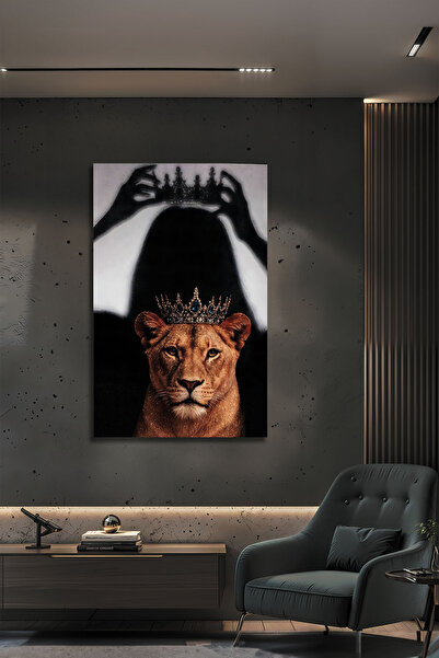 B&G DESIGN Asalet ve Güç Temalı Modern Taçlı Dişi Aslan Dekoratif Cam Tablo