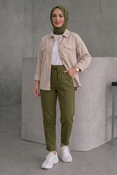 Tesettür Diyarı Γυναικείο λινό παντελόνι με ελαστική μέση - Χακί